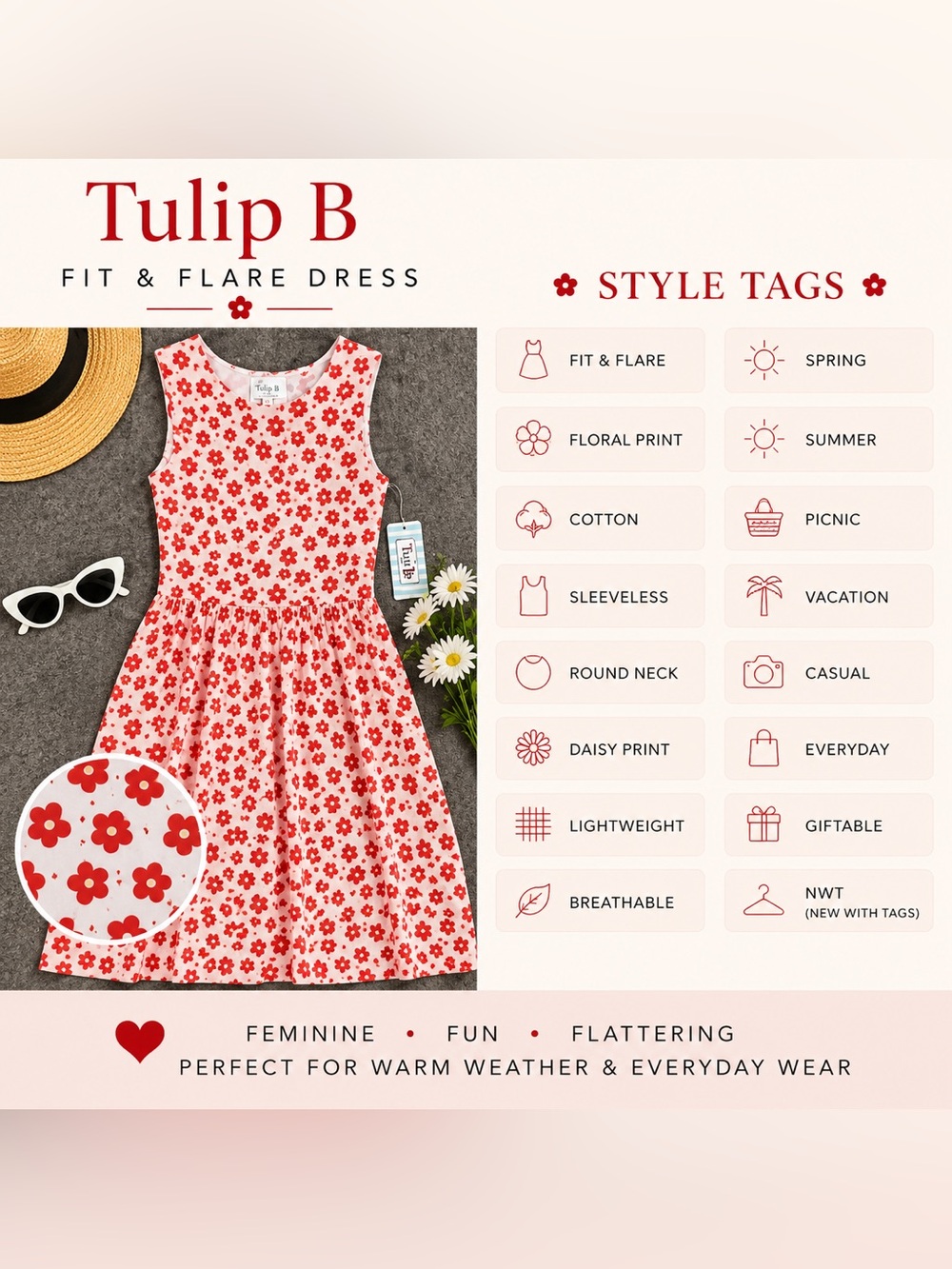 Tulip B Fit & Flare Dress Womens Large NWT White Red Daisy Floral Cotton Mini